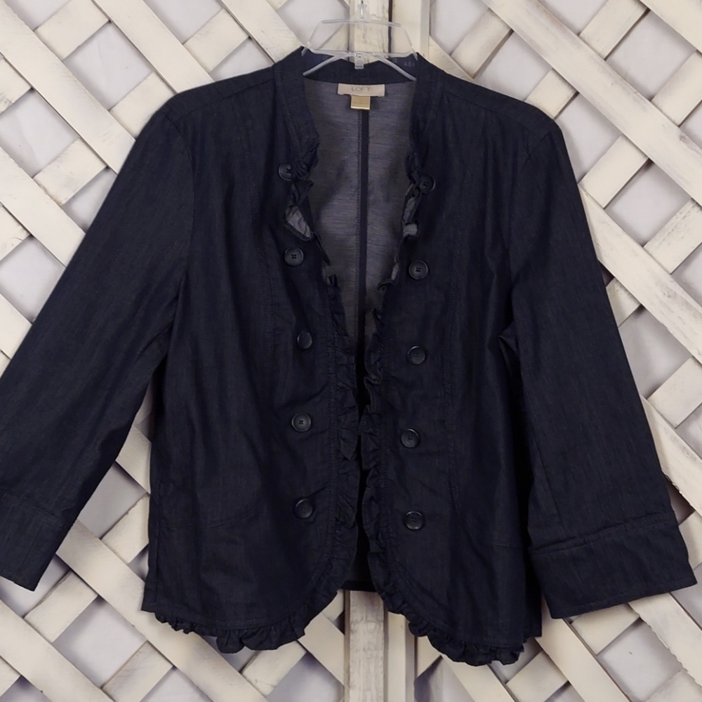 LOFT Lt Weight Denim Ruffle Front Jacket w/Buttons